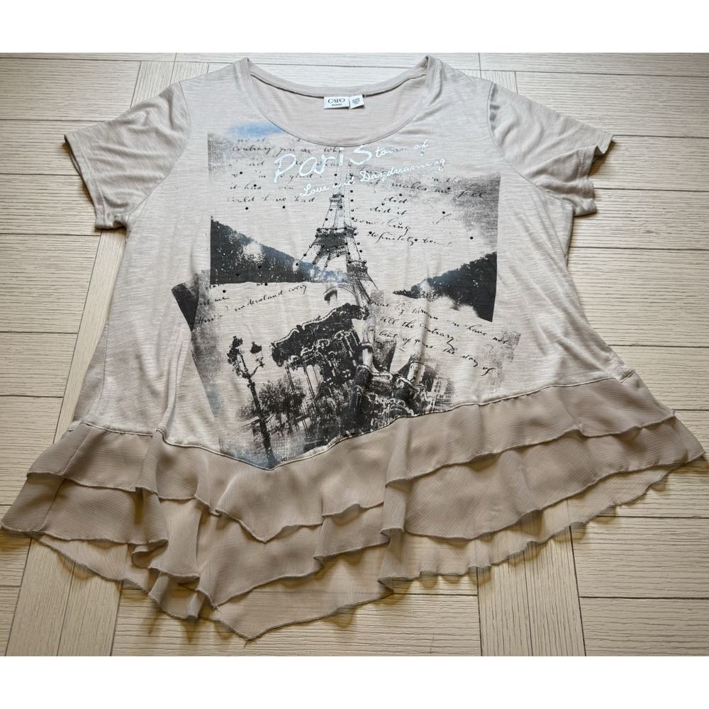 Cato Womens Y2K Style Short Sleeve Paris Eiffel Tower sequin Blouse W Ruffle Hem